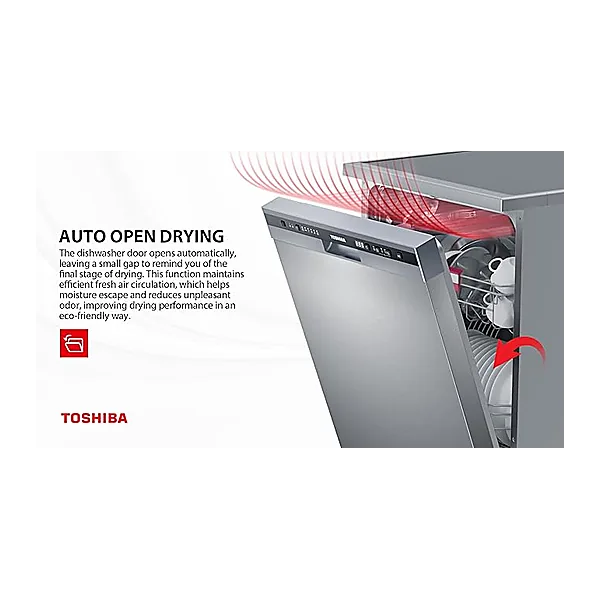 TOSHIBA Dishwasher   Dw 13F8Af(Ss) Eg  Silver Sts Door   6 Programs   Free Standing, Auto Open Dry, Noise Level 47 Db(A), Half Load, Led Interior Light Silver 13Place Set