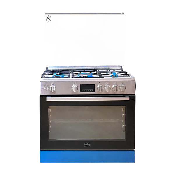 Beko 2 1 Free Standing Stove   Air Fryer Function   90 cm   Cast Iron Holders   5 Burners   Cooling and Cooking Fans   LED Digital Display   Large Oven   Stainless Steel   BGGR 11225 G A