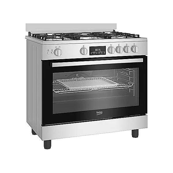 Beko 2 1 Free Standing Stove   Air Fryer Function   90 cm   Cast Iron Holders   5 Burners   Cooling and Cooking Fans   LED Digital Display   Large Oven   Stainless Steel   BGGR 11225 G A