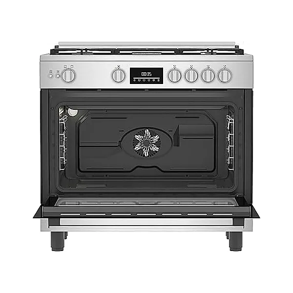 Beko 2 1 Free Standing Stove   Air Fryer Function   90 cm   Cast Iron Holders   5 Burners   Cooling and Cooking Fans   LED Digital Display   Large Oven   Stainless Steel   BGGR 11225 G A