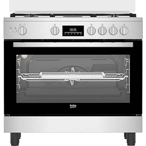 Beko 2 1 Free Standing Stove   Air Fryer Function   90 cm   Cast Iron Holders   5 Burners   Cooling and Cooking Fans   LED Digital Display   Large Oven   Stainless Steel   BGGR 11225 G A