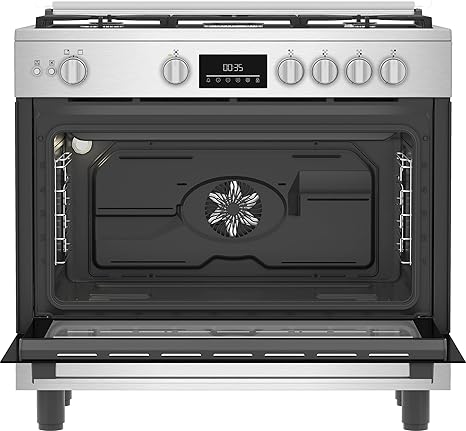 Beko 2 1 Free Standing Stove   Air Fryer Function   90 cm   Cast Iron Holders   5 Burners   Cooling and Cooking Fans   LED Digital Display   Large Oven   Stainless Steel   BGGR 11225 G A