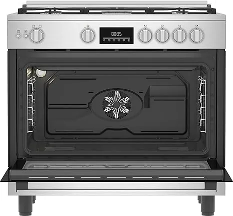 Beko 2 1 Free Standing Stove   Air Fryer Function   90 cm   Cast Iron Holders   5 Burners   Cooling and Cooking Fans   LED Digital Display   Large Oven   Stainless Steel   BGGR 11225 G A