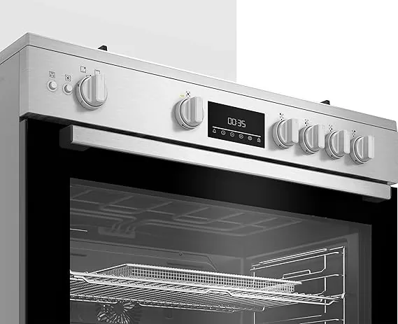 Beko 2 1 Free Standing Stove   Air Fryer Function   90 cm   Cast Iron Holders   5 Burners   Cooling and Cooking Fans   LED Digital Display   Large Oven   Stainless Steel   BGGR 11225 G A