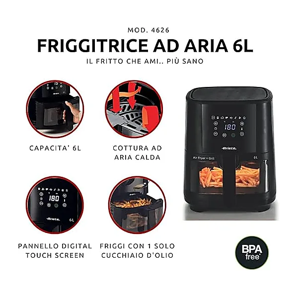 Ariete Air fryer 4626, 6L capacity, 2.5kg cooking capacity, 8 preset programs, Temperature up to 200°, Transparent basket for cooking control, 1300 W, Black (by De'longhi Group)