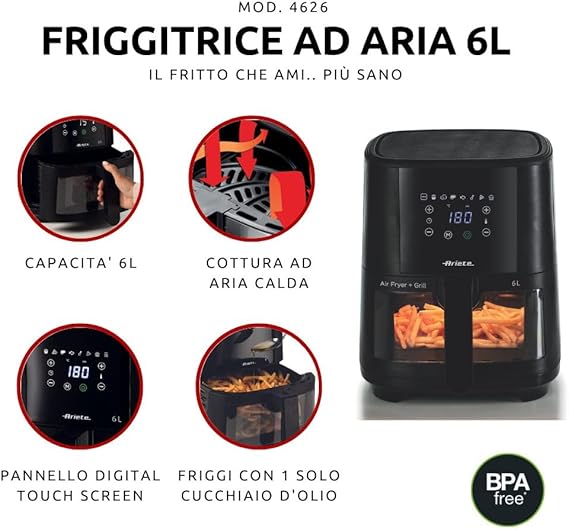 Ariete Air fryer 4626, 6L capacity, 2.5kg cooking capacity, 8 preset programs, Temperature up to 200°, Transparent basket for cooking control, 1300 W, Black (by De'longhi Group)
