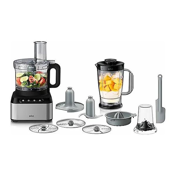 Braun PureEase FP3233SI Compact Food Processor, Citrus Press, Spatula, Dough Tool, Plastic Multi Mill, 1.2 L Blender and 2.1 L Bowl Capacity, 800 Watts, Black