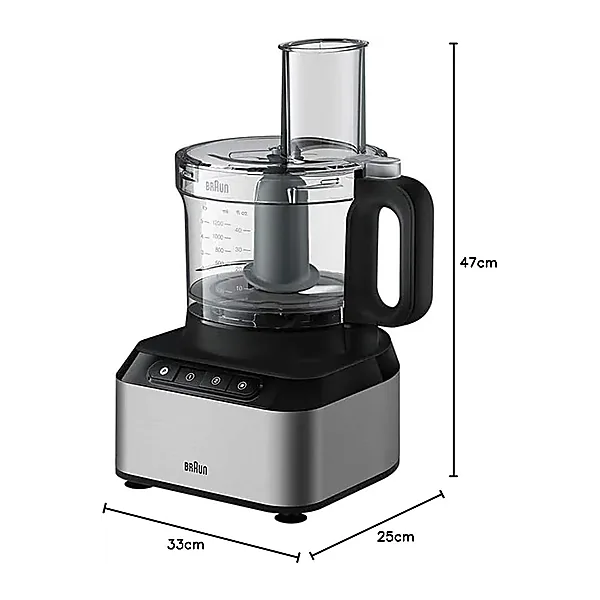 Braun PureEase FP3233SI Compact Food Processor, Citrus Press, Spatula, Dough Tool, Plastic Multi Mill, 1.2 L Blender and 2.1 L Bowl Capacity, 800 Watts, Black