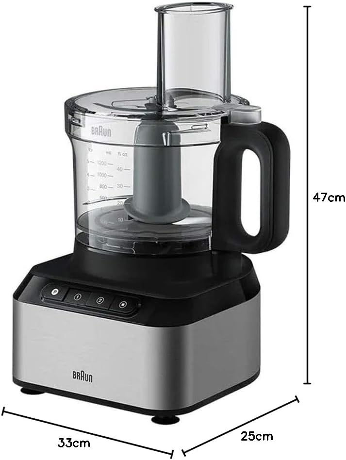 Braun PureEase FP3233SI Compact Food Processor, Citrus Press, Spatula, Dough Tool, Plastic Multi Mill, 1.2 L Blender and 2.1 L Bowl Capacity, 800 Watts, Black