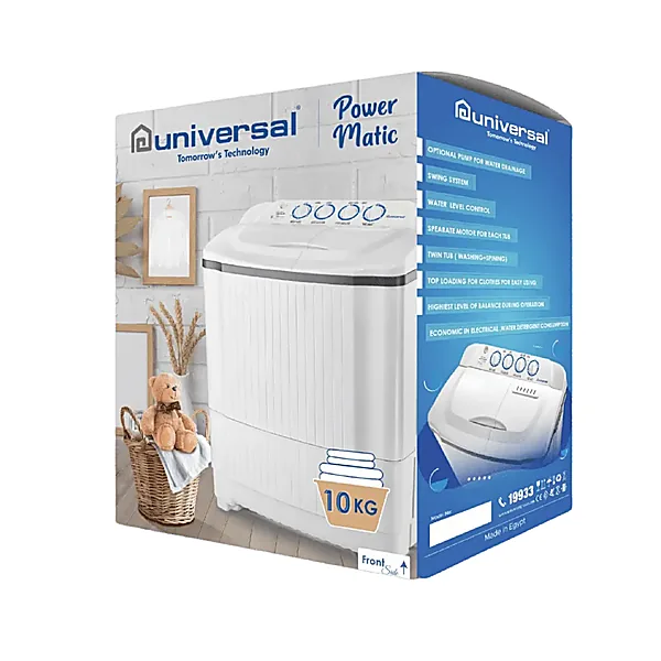 Universal Powermatic 10kg Semi Automatic Clothes Washer, 2 Tub, 2 Motors, White, Model, WHA WHI 10KG UNI