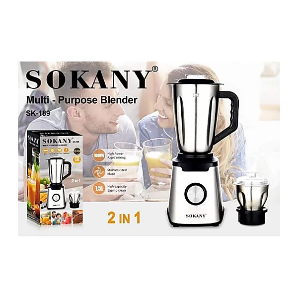 Sokany 2 In 1 Multi Purpose Blender with Grinder, 1.5 Liters, 1000 Watts, Silver and Black   SK 189