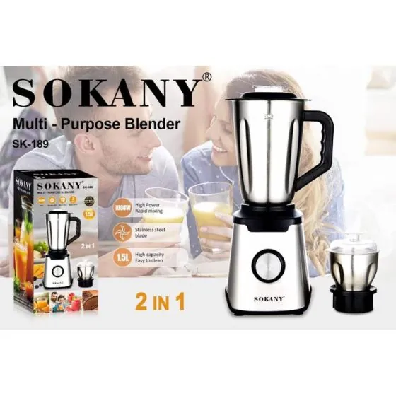 Sokany 2 In 1 Multi Purpose Blender with Grinder, 1.5 Liters, 1000 Watts, Silver and Black   SK 189