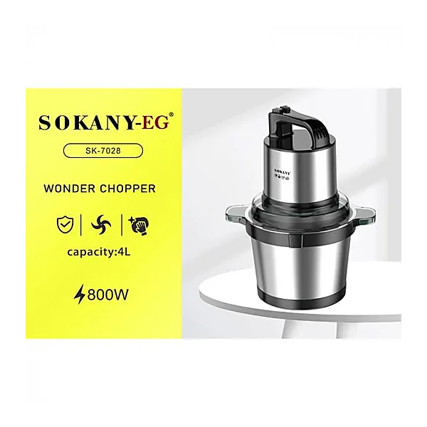 Sokany Stainless Steel Chopper, 4 Liters, 800 Watt, Black and Silver   SK 7028N