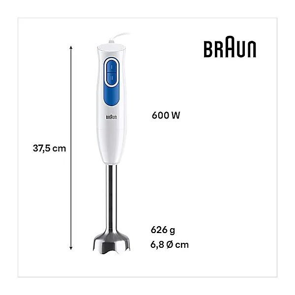 Braun MultiQuick 2 MQ20236MWH hand blender with EasyTwist system, mixer for sauces and smoothies, 2 speeds, chopper with 500 ml and whisk, 600 W, white