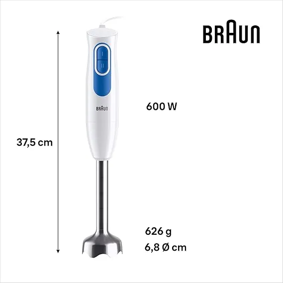 Braun MultiQuick 2 MQ20236MWH hand blender with EasyTwist system, mixer for sauces and smoothies, 2 speeds, chopper with 500 ml and whisk, 600 W, white